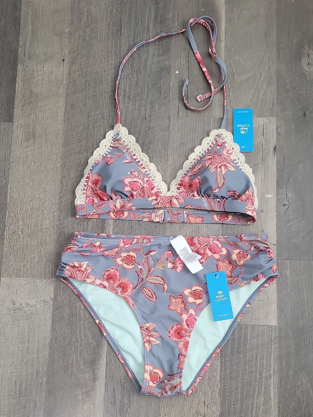 Cupshe Gray Bikini with Pink Floral Print and Cream Trim